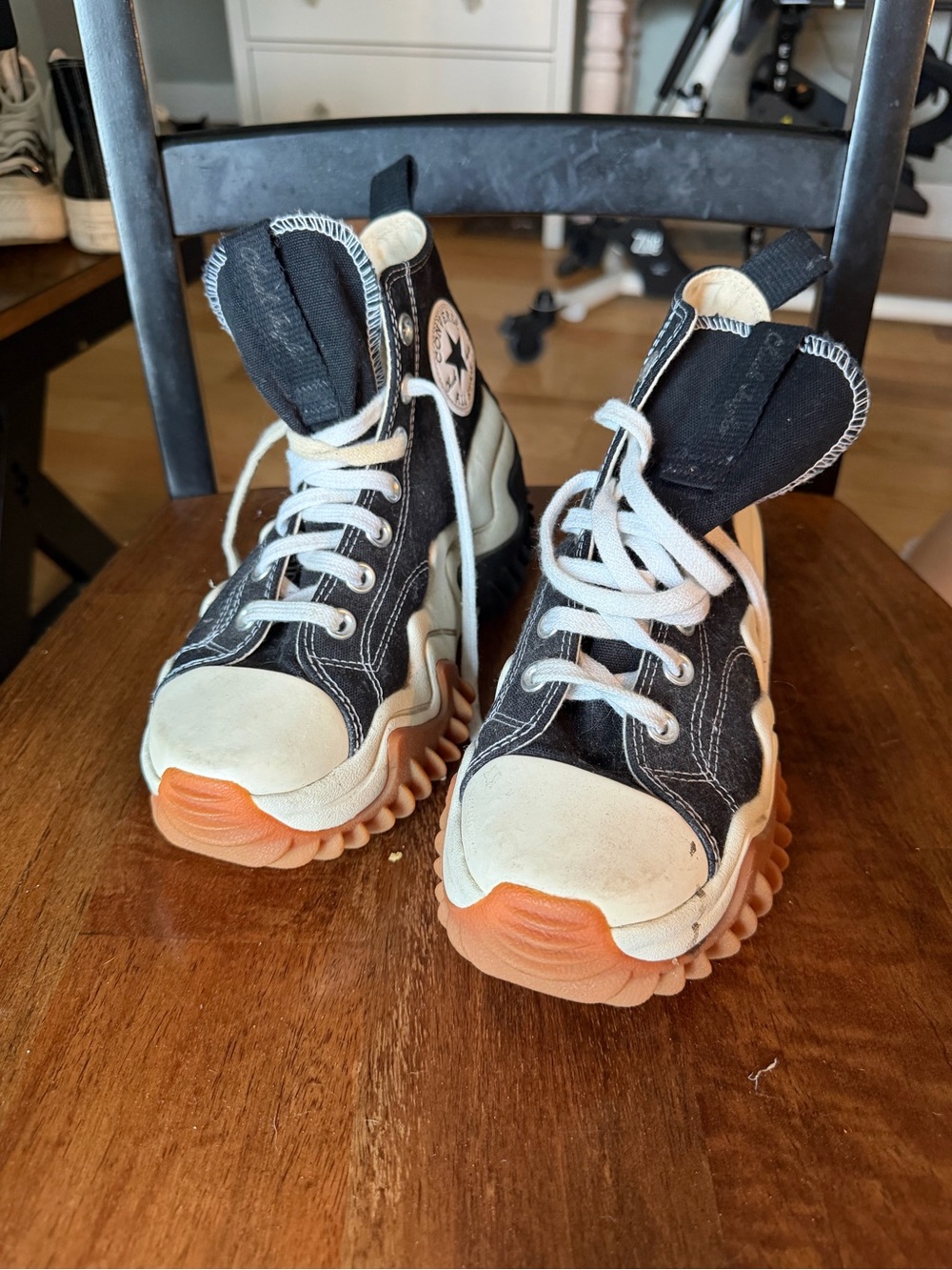Converse Black and Cream High-Top Sneakers with Orange Gum Outsole